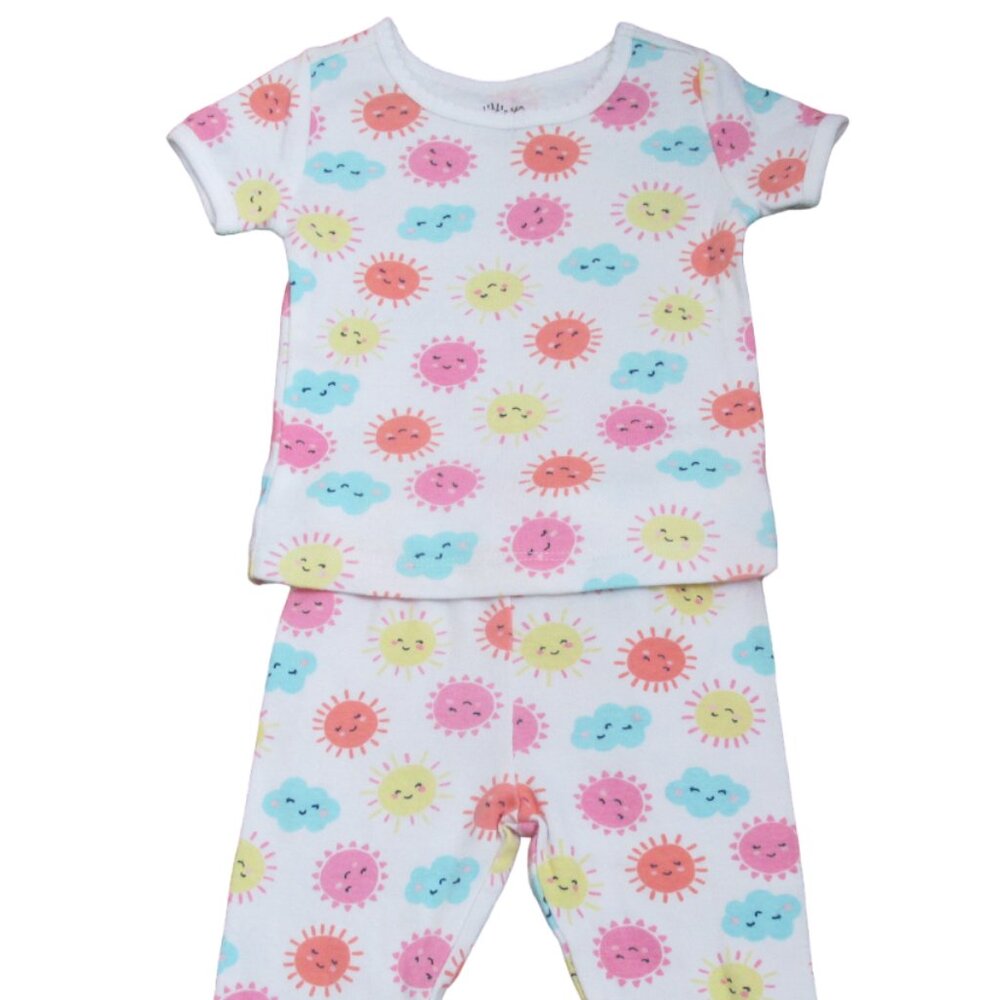 Little Me 2 Pc Pajama Shirt Pants Outfit Girls 12M White Short Sleeve Sun Clouds